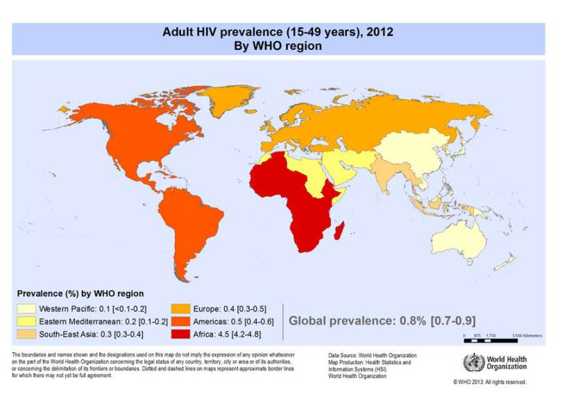 HIV Prevalence in 2012 from World Health Organization